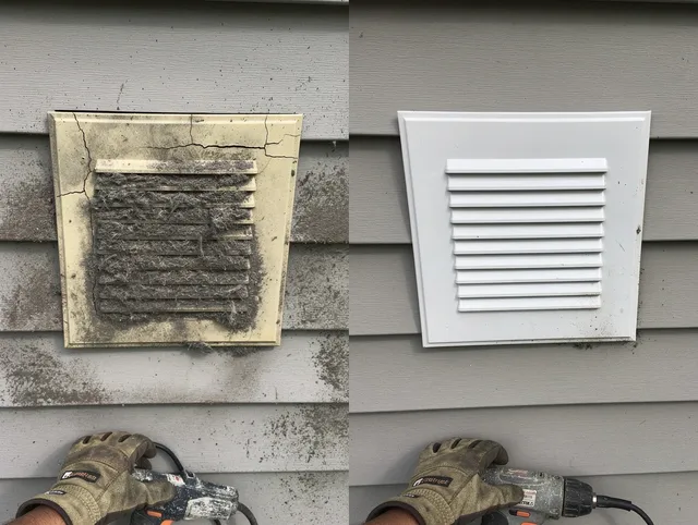 Lawndale Dryer Vent Cleaning technician installing high-quality dryer vent cover at a residential property in Lawndale